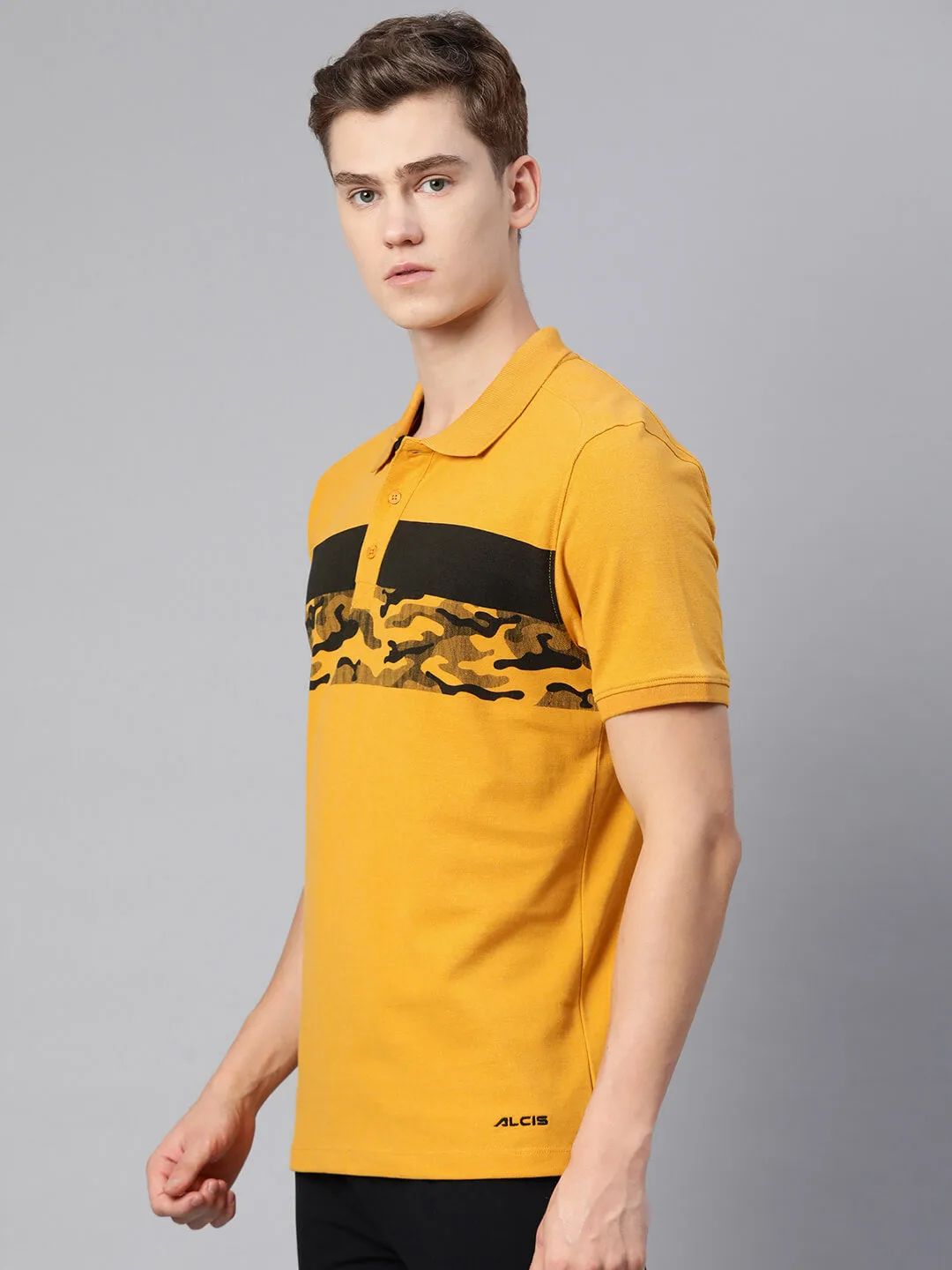 Alcis Men Yellow Abstract Printed Polo Collar T-shirt