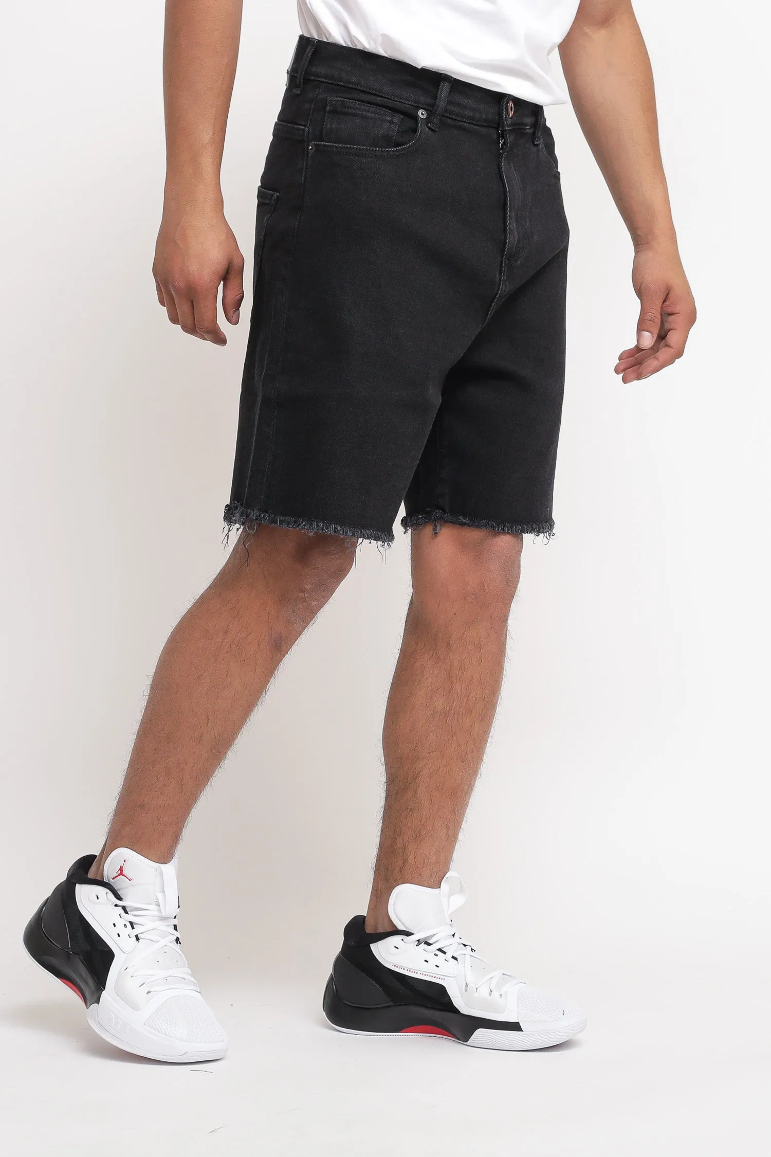 Black Denim Shorts With Fuxia Coating - Black Fuxia