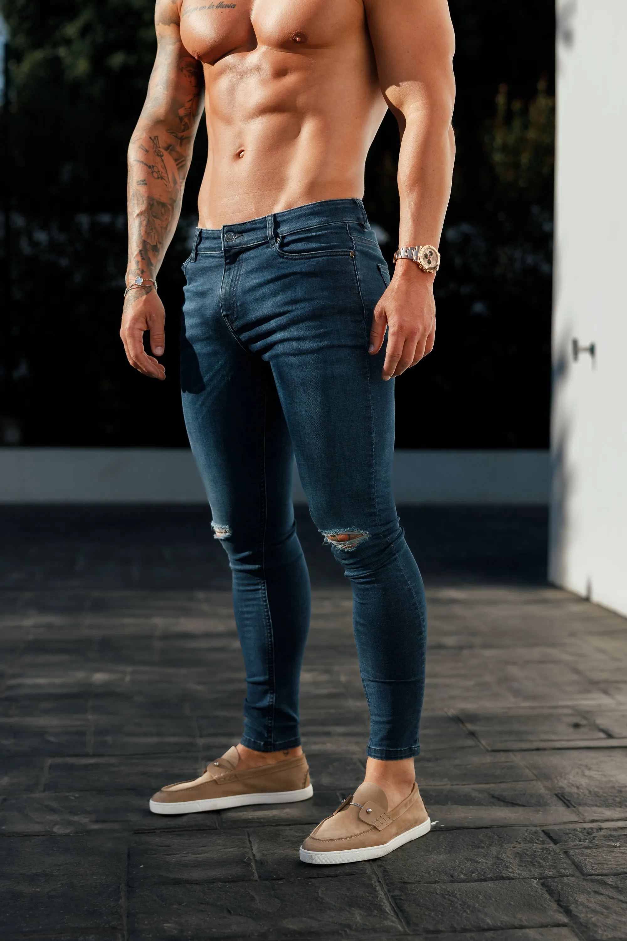 Father Sons Ultra Stretch Mid Blue Slim Jeans with Knee Rips - FSJEAN011