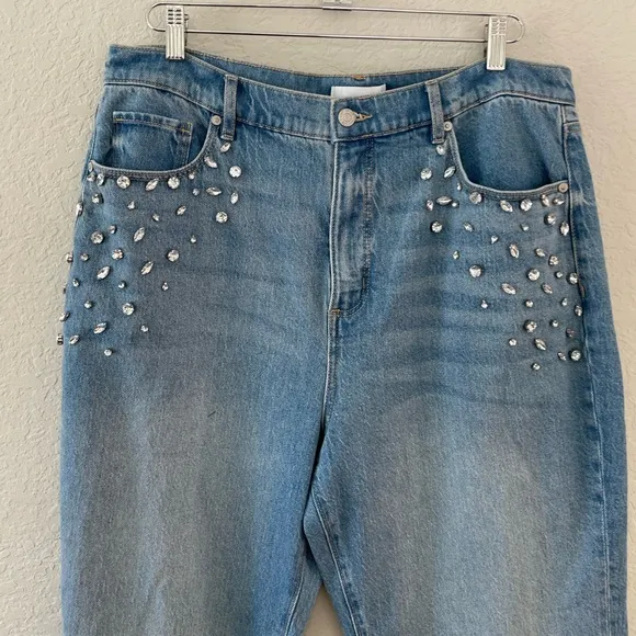 LOFT Rhinestone High Rise Straight Jeans in Vintage Distressed Wash