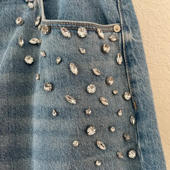 LOFT Rhinestone High Rise Straight Jeans in Vintage Distressed Wash