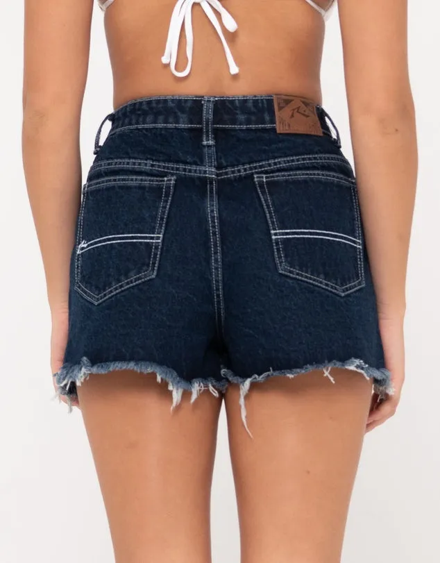 Penny Kick Flare Denim Shorts - Deep Blue