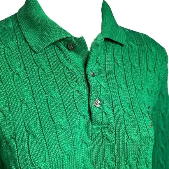 Polo Ralph Lauren vintage Kelly green cable knit 1/4 button collared sweater siz