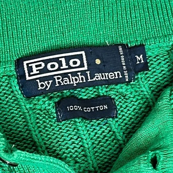 Polo Ralph Lauren vintage Kelly green cable knit 1/4 button collared sweater siz