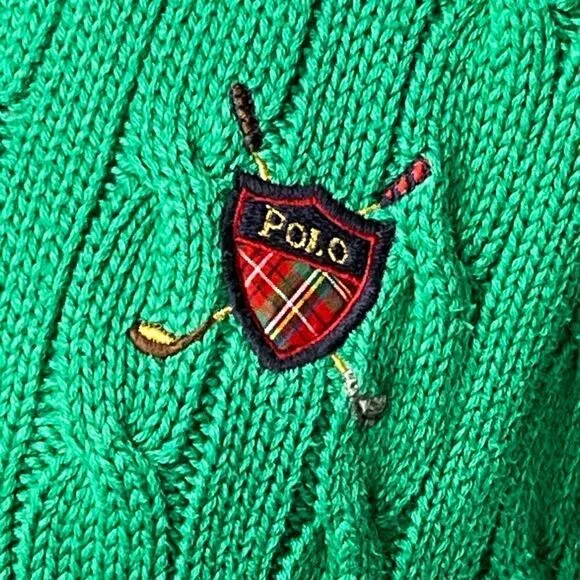 Polo Ralph Lauren vintage Kelly green cable knit 1/4 button collared sweater siz