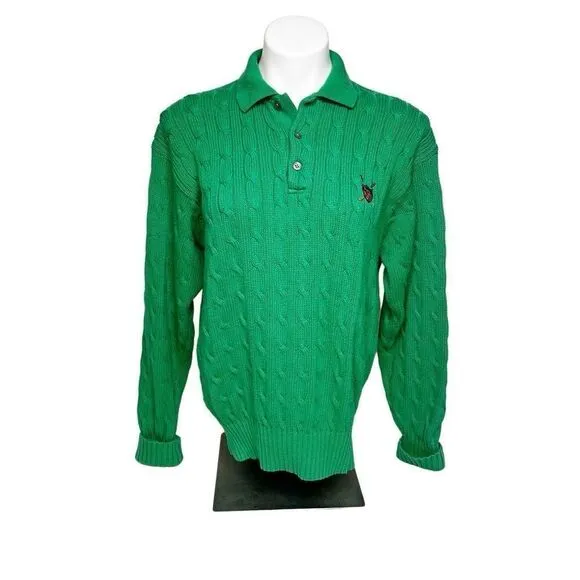 Polo Ralph Lauren vintage Kelly green cable knit 1/4 button collared sweater siz