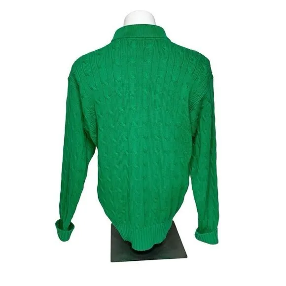 Polo Ralph Lauren vintage Kelly green cable knit 1/4 button collared sweater siz