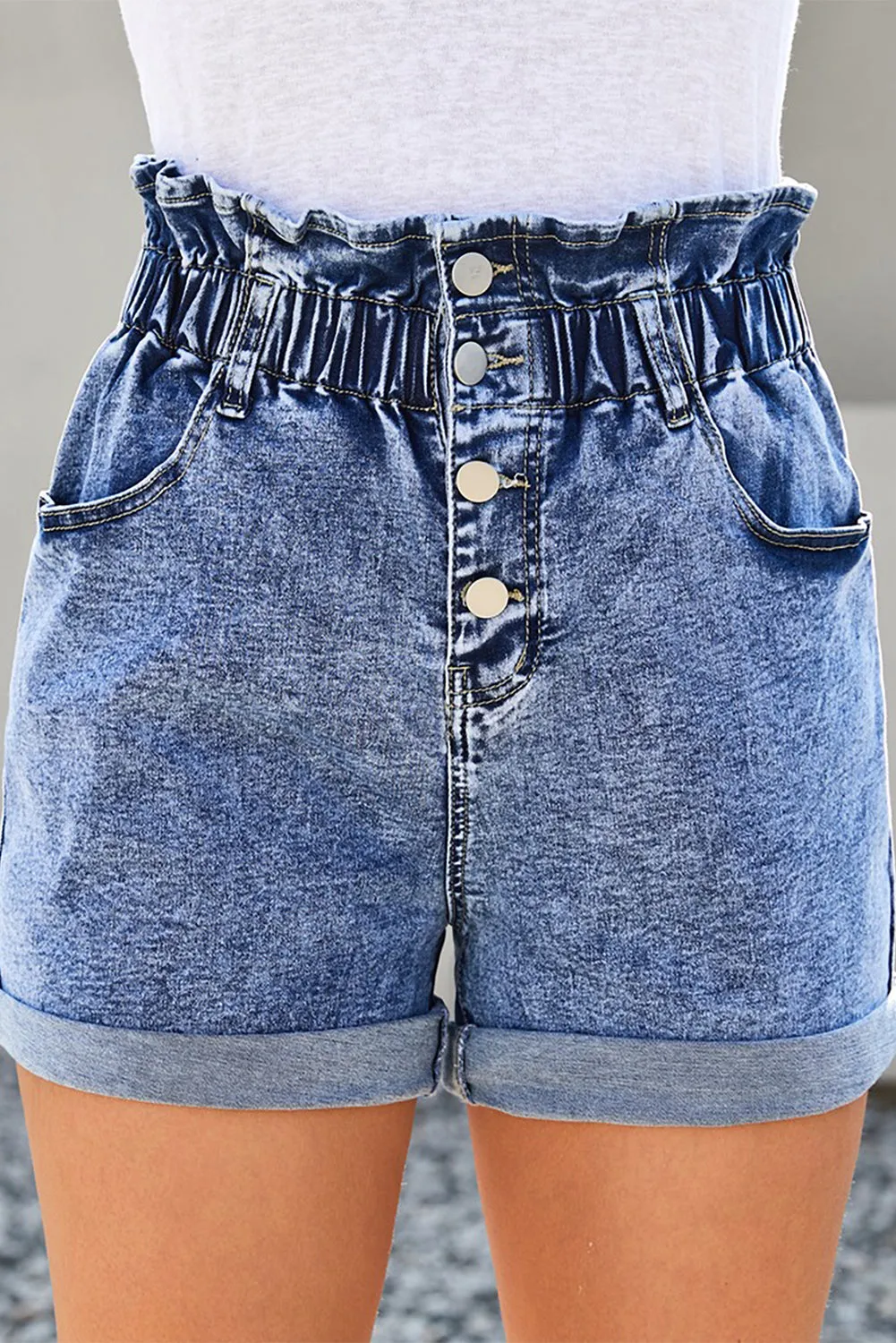 Ruffled High Waist Buttoned Denim Shorts