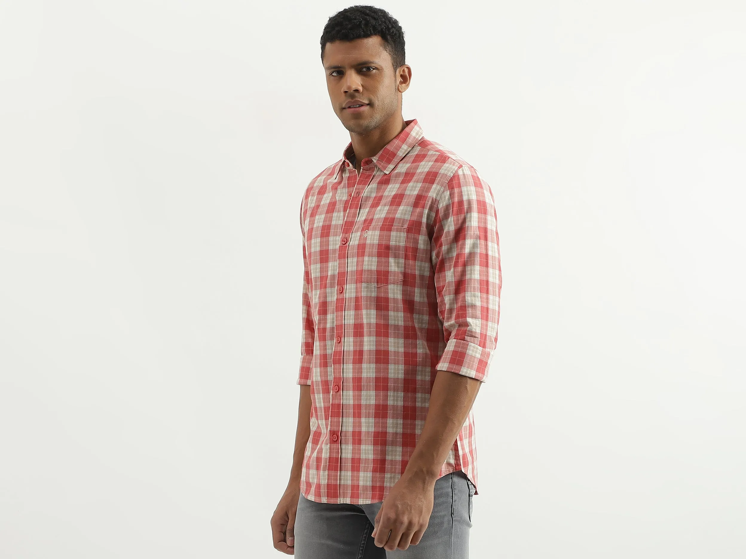 Slim Fit Spread Collar Checked Shirt