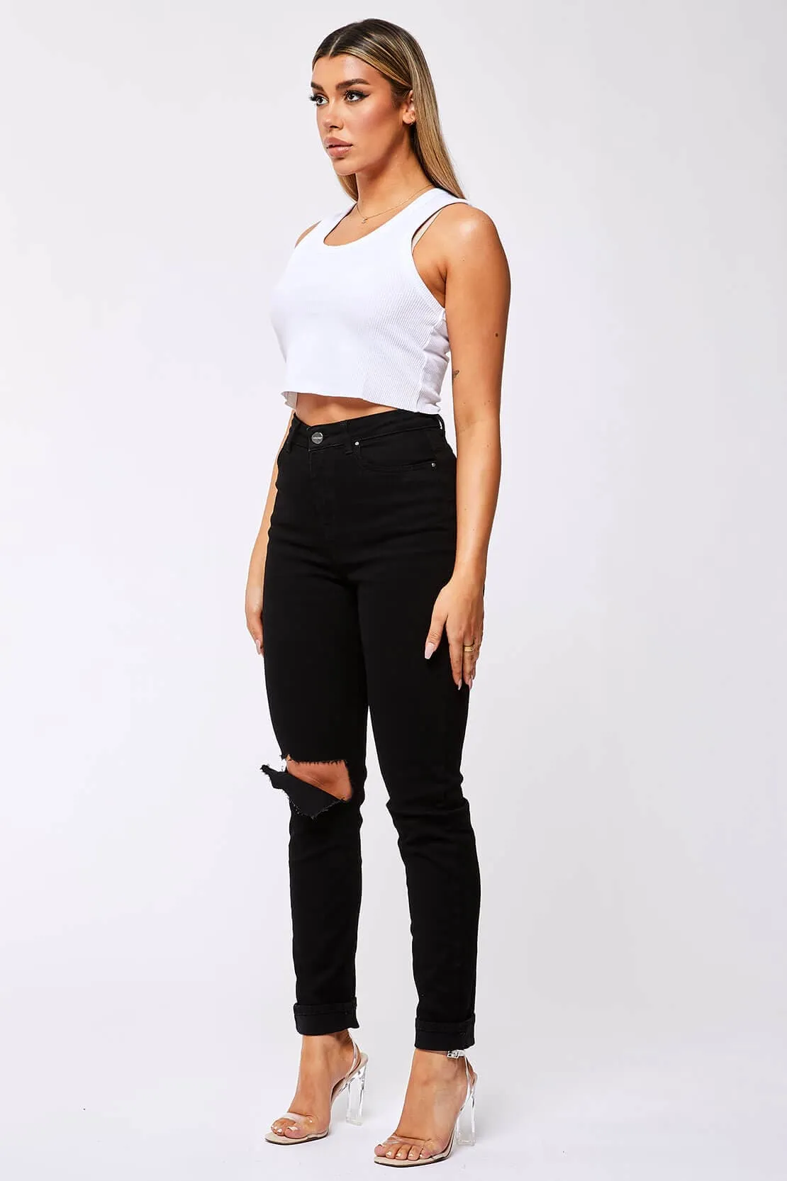 STRAIGHT LEG JEANS - BLACK DESTROYED LEFT KNEE