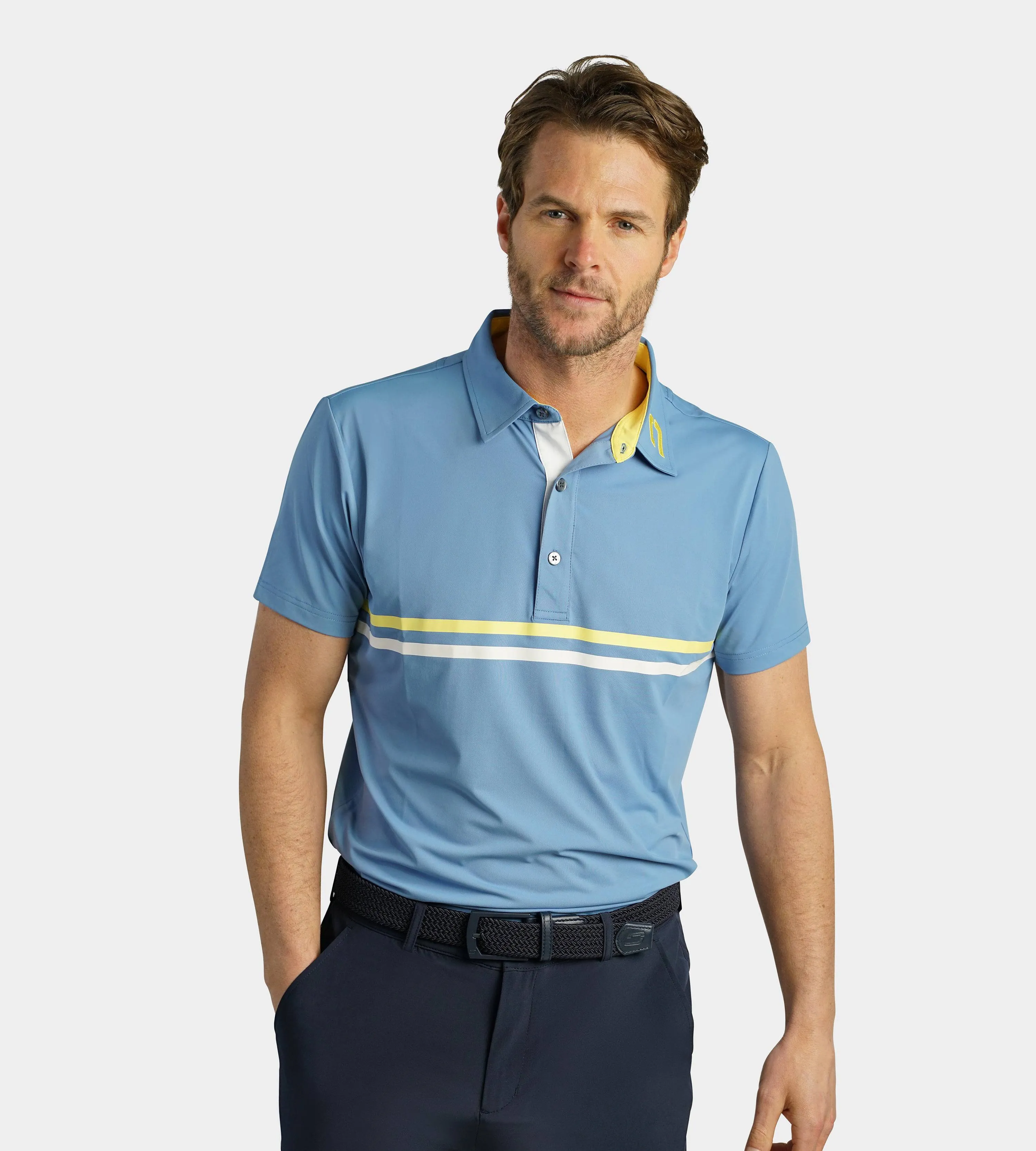 STRIPE PERFORMANCE POLO - BLUE/LEMON