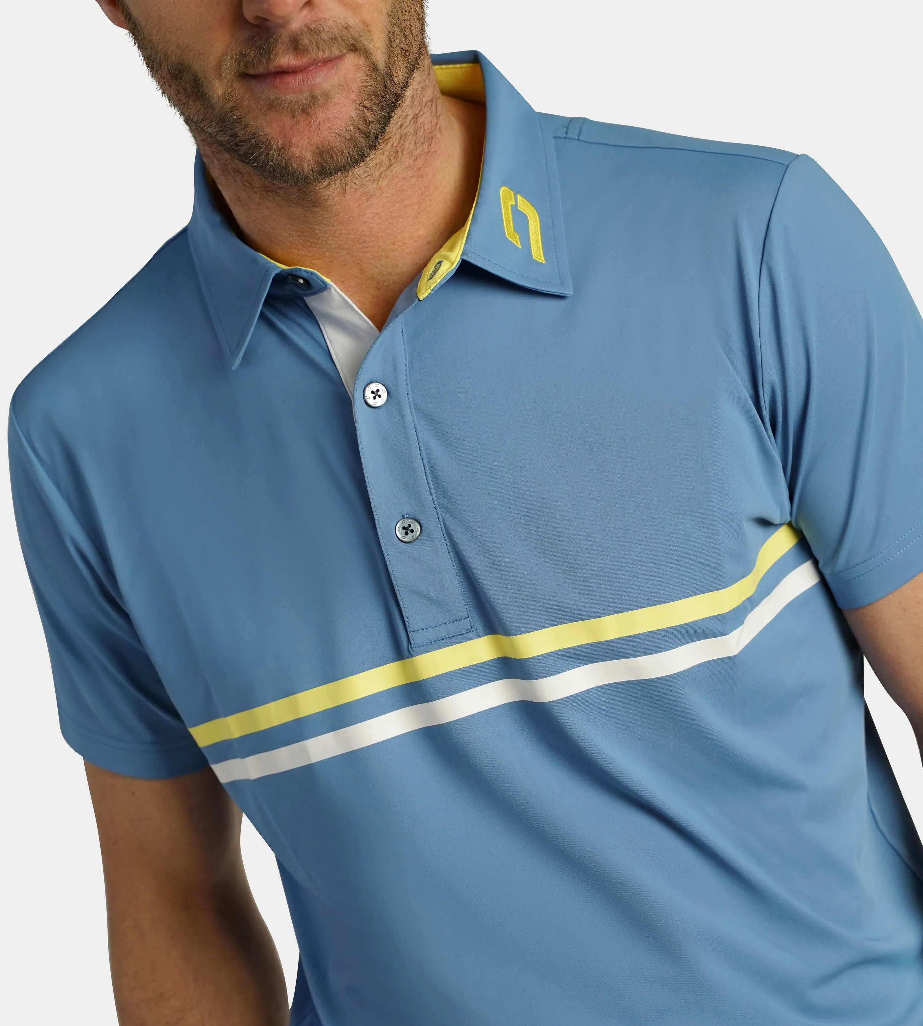 STRIPE PERFORMANCE POLO - BLUE/LEMON