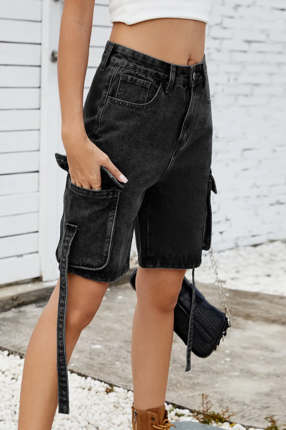 Washed Cargo Denim Shorts